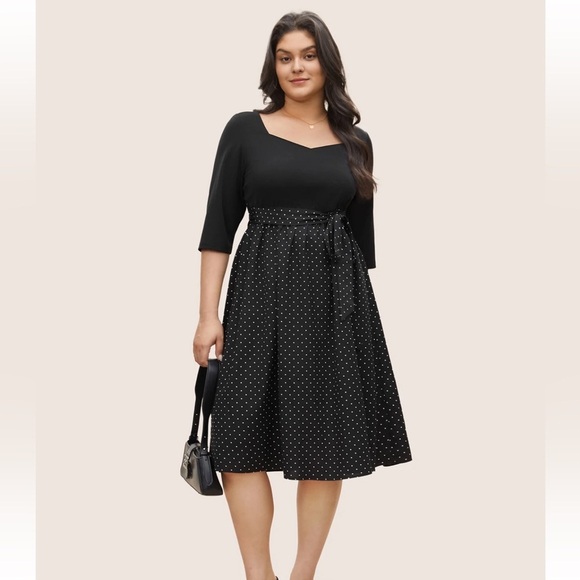 BloomChic Plus Size 2XL Polka Dot Patchwork Belted Square Neck Dress - Picture 1 of 8